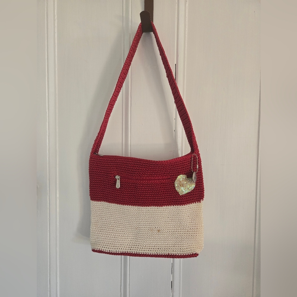 The Sak red and white knit purse